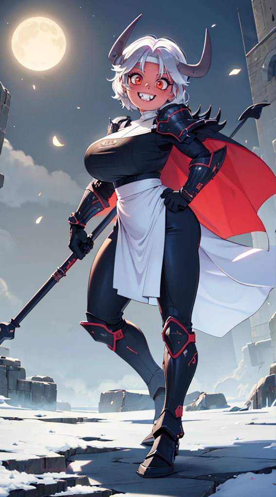 nun, demon girl, walking, , warpriesstes, silver hair, short hair, sacred gauntlets, long ski, cute smile, pure smile, love smile,,veillong skirt, pantyhose, staff holding, armor, gloves, standing, full body,sharpteeth,standing, full body, happy, joyfull, big nose