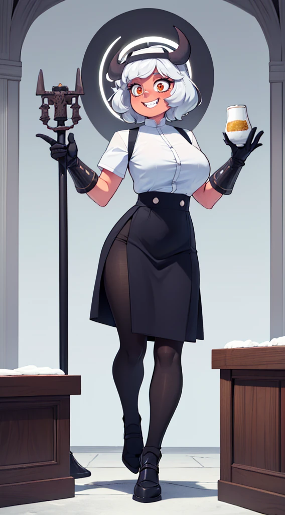 nun, demon girl, walking, , warpriesstes, silver hair, short hair, sacred gauntlets, long ski, cute smile, pure smile, love smile,,veillong skirt, pantyhose, staff holding, armor, gloves, standing, full body,sharpteeth,standing, full body, happy, joyfull, big nose