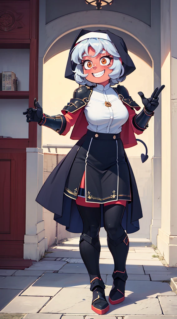 nun, demon girl, walking, , warpriesstes, silver hair, short hair, sacred gauntlets, long ski, cute smile, pure smile, love smile,,veillong skirt, pantyhose, staff holding, armor, gloves, standing, full body,sharpteeth,standing, full body, happy, joyfull, big nose