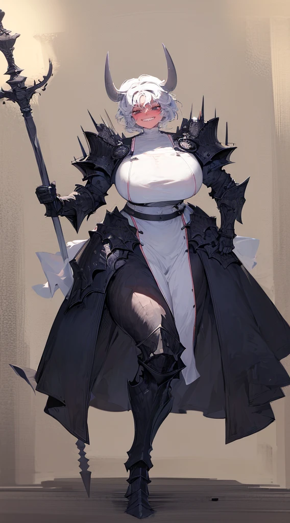 nun, demon girl, walking, , warpriesstes, silver hair, short hair, sacred gauntlets, long ski, cute smile, pure smile, love smile,,veillong skirt, pantyhose, staff holding, armor, gloves, standing, full body,sharpteeth,standing, full body, happy, joyfull, big nose