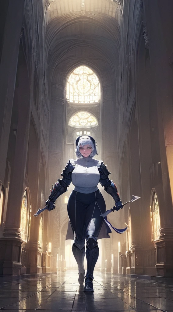 nun, demon girl, walking, , warpriesstes, silver hair, short hair, sacred gauntlets, long ski, cute smile, pure smile, love smile,,veillong skirt, pantyhose, staff holding, armor, gloves, standing, full body,sharpteeth,standing, full body, happy, joyfull, big nose