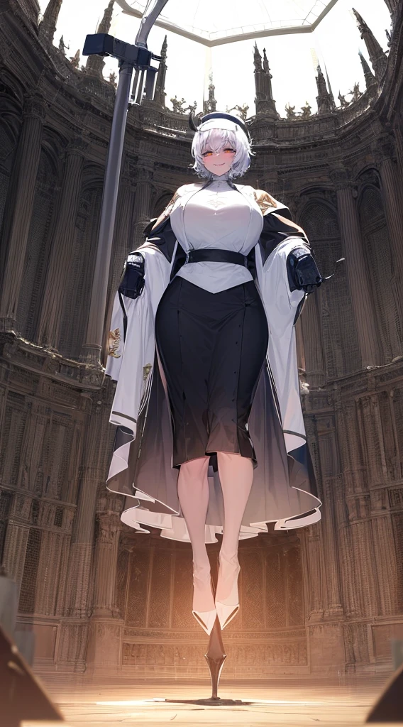 nun, demon girl, walking, , warpriesstes, silver hair, short hair, sacred gauntlets, long ski, cute smile, pure smile, love smile,,veillong skirt, pantyhose, staff holding, armor, gloves, standing, full body,sharpteeth,standing, full body, happy, joyfull, big nose