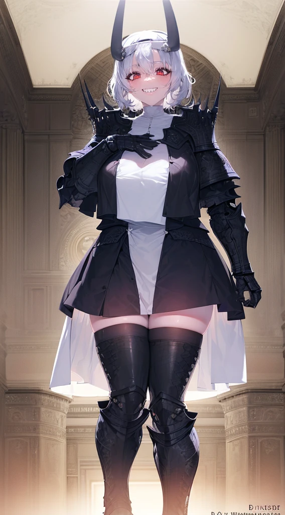 nun, demon girl, walking, , warpriesstes, silver hair, short hair, sacred gauntlets, long ski, cute smile, pure smile, love smile,,veillong skirt, pantyhose, staff holding, armor, gloves, standing, full body,sharpteeth,standing, full body, happy, joyfull, big nose