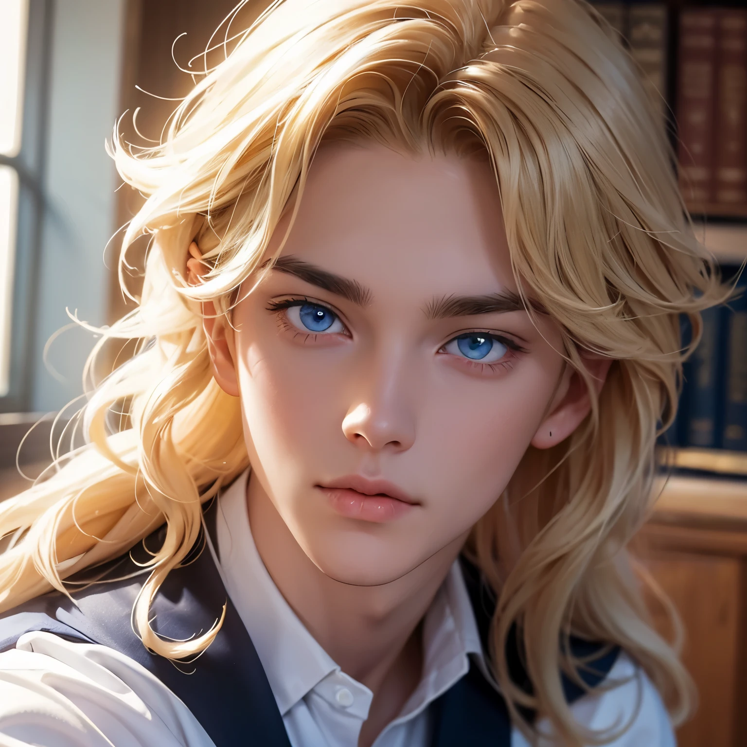 Blue eyes, Close set eyes, Long hair, Blonde hair, Curly hair, white skin, using school uniform for a senior boy, in the school, normal face, bright color.