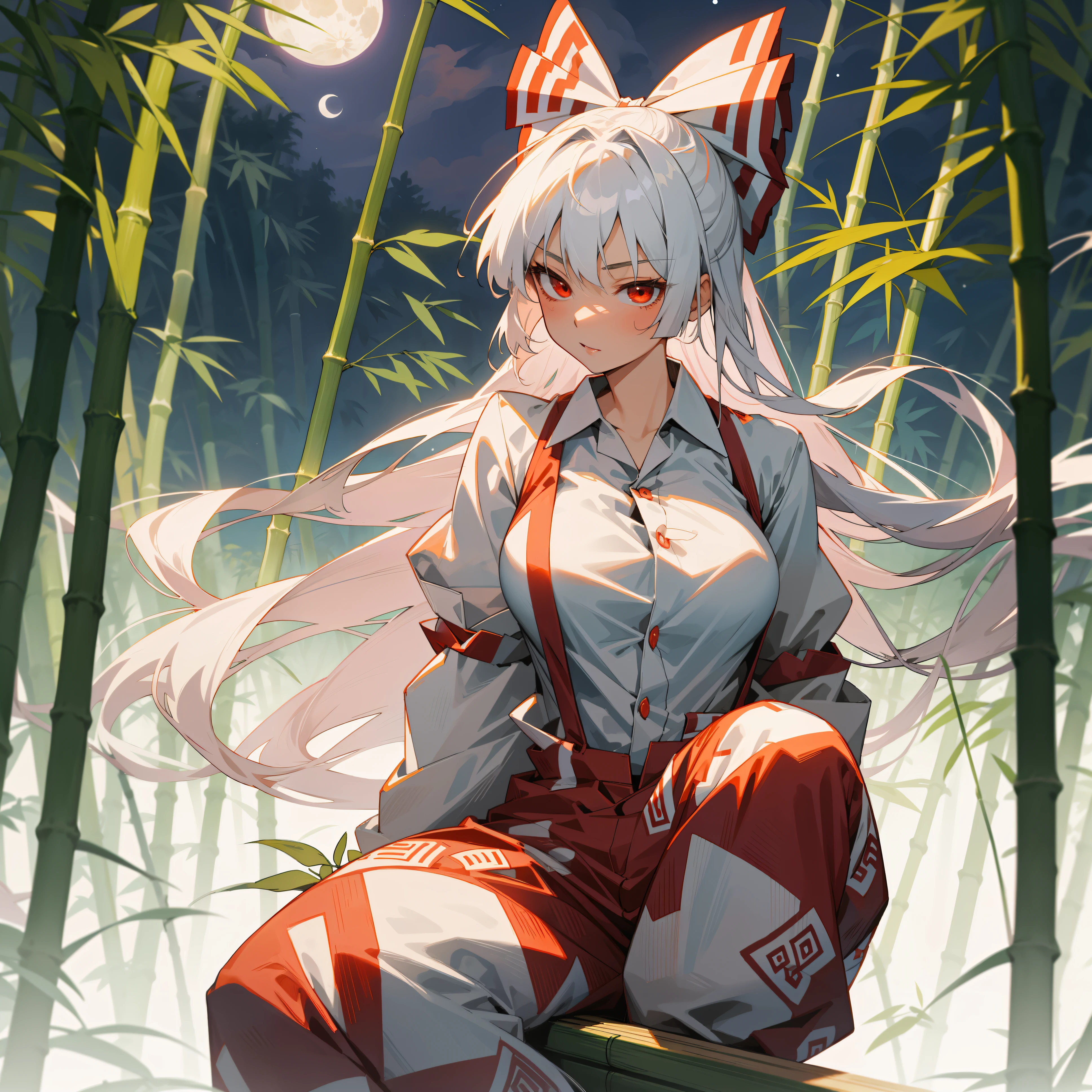 Fujiwara no Mokou(from Touhou) in bamboo forest. She has big tits. She has white hair, red eyes.  She's wearing a white shirt, sit, night, hair ribbons, moon, perfect anatomy, moon