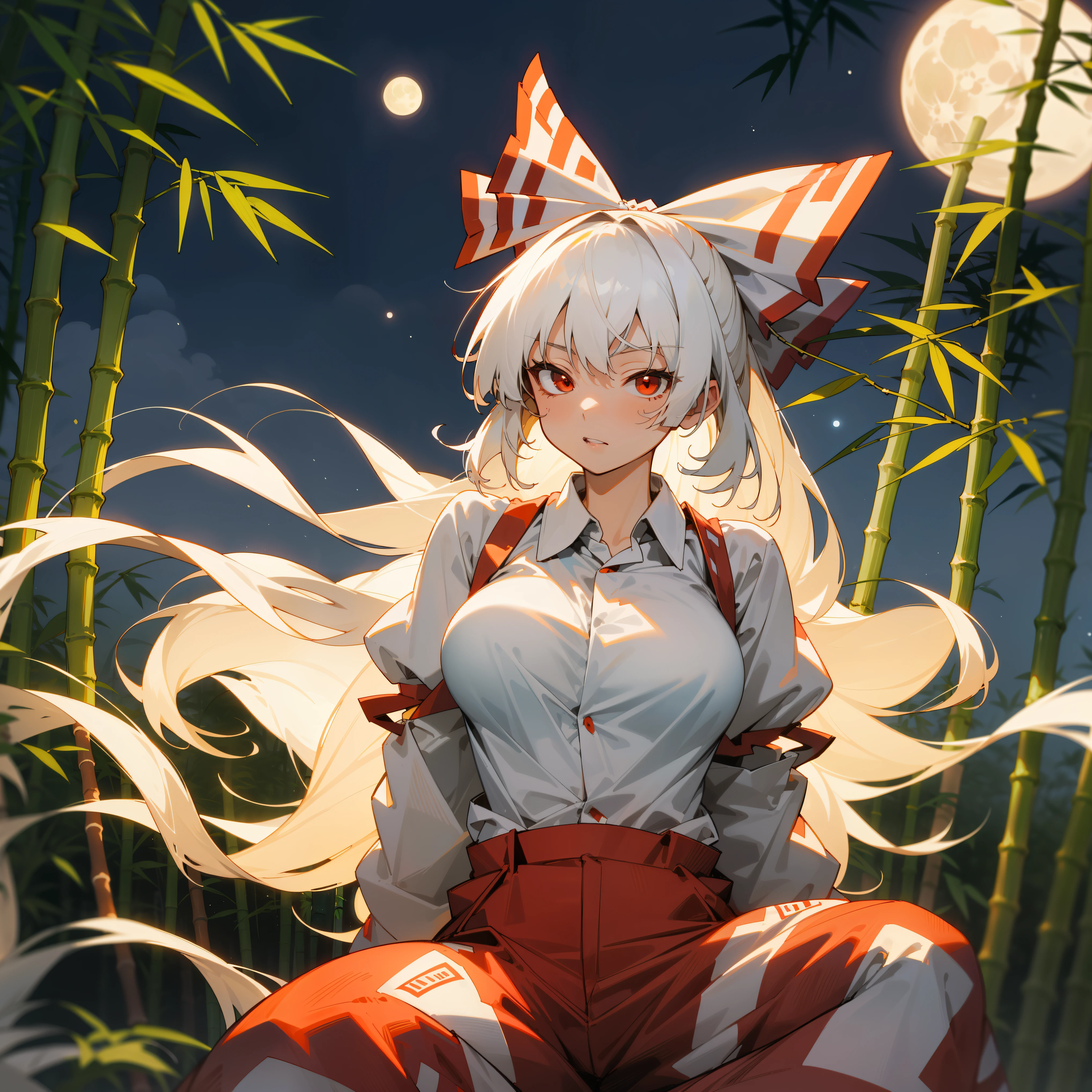Fujiwara no Mokou(from Touhou) in bamboo forest. She has big tits. She has white hair, red eyes. She's wearing a white shirt, sit, night, hair ribbons, moon, perfect anatomy, moon