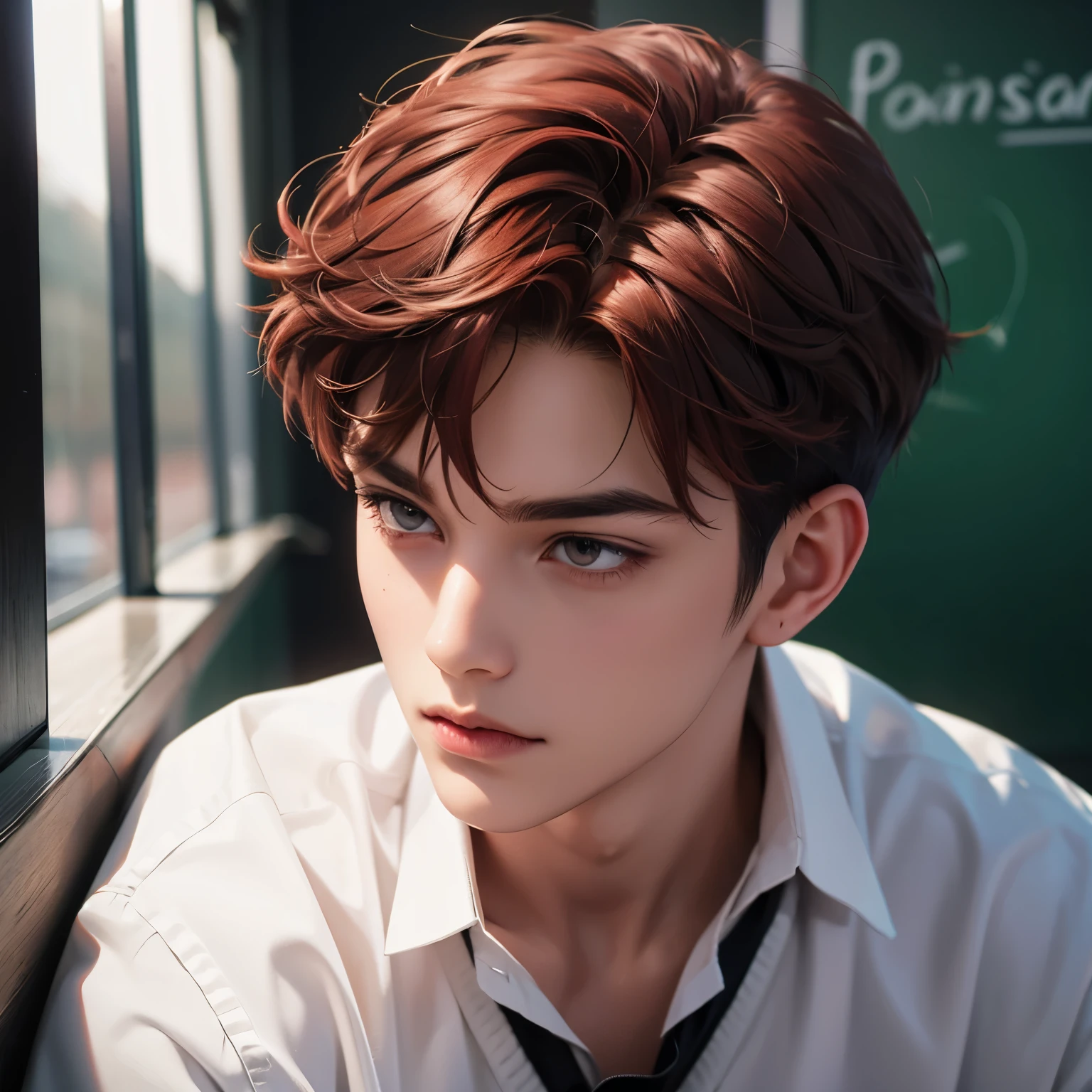 Dark brown, Monolid eyes, Short hair, Red hair, Pixie cut, using school uniform for a senior boy, in the school, normal face, bright color.