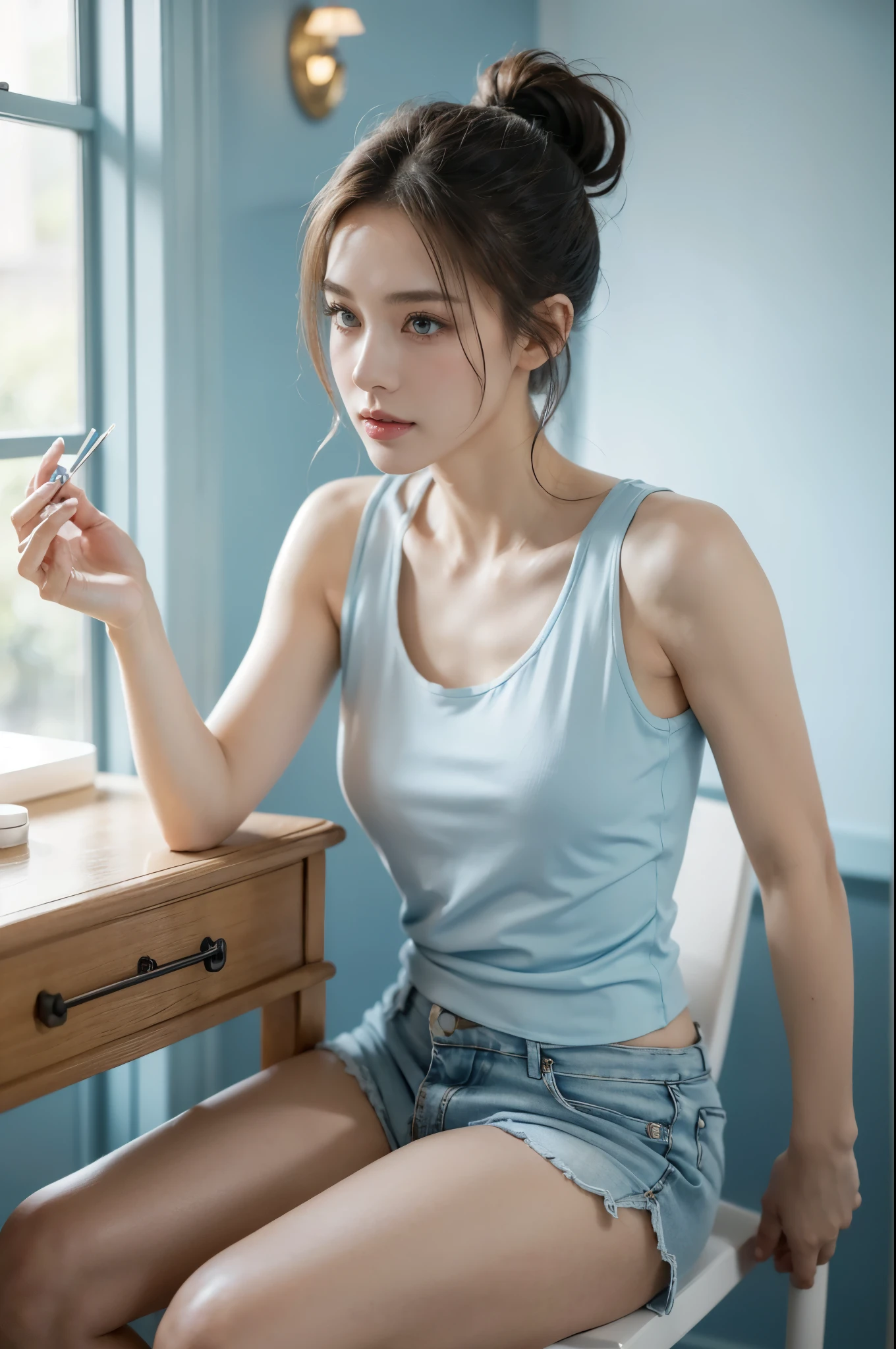 Top quality, realistic, perfect human body structure, very detailed, very delicate and beautiful, RAW photography, night city, white long skirt, dark blue camisole, professional lighting, face lighting, depth of field, single focal, full body photo, 13 year old woman, brown hair, brown eyes, small head, ((big)), baby face, fashion girl, beautiful eyes, real face, real skin, realistic face, realistic skin, detailed eyes, ( Short ponytail: 1.3), sexy pose, viewer, detailed face and chest look, middle school student