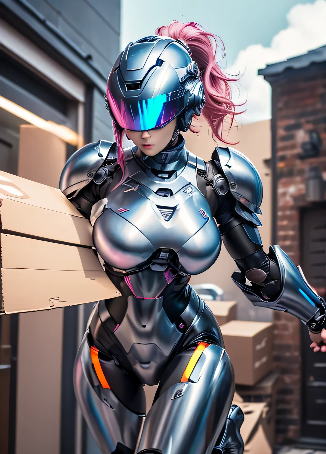 female robocop solo、Armor that completely covers the whole body、very large armor、Helmet to hide your eyes、Rainbow Armor、Armor that completely covers the chest、thin and long legs、Vibrant Posel Body View、big and full breasts:1.5, (Moving body:1.5), Arafe woman solo with ponytail hair