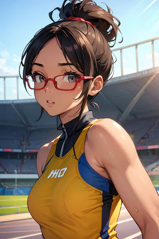 1 Beautiful ,dynamic angle,girl track and field athlete,small head,big breasts,meaty, at track and field ,(detailed beautiful face:1.4),detailed skin、backwards、Glasses