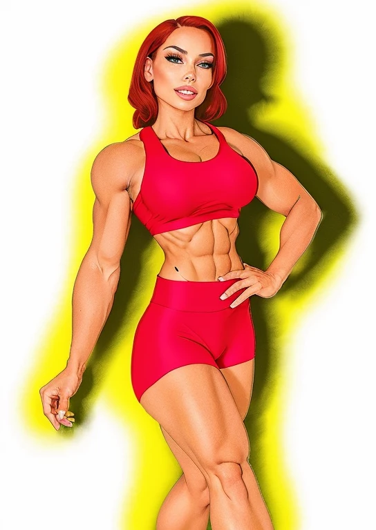 drawing of a woman in a red bikini and red shoes, Garota musculosa, mulher em forma, Menina apta, retrato de corpo inteiro de jean grey, mulher fisiculturista, muscular character, mulher forte, exaggerated muscular physique, retrato de darna moderno, becomes a curvy physique, feminino e musculoso, character is in his natural pose, bodybuilder superhero bikini, muscular!, parte superior completa do corpo