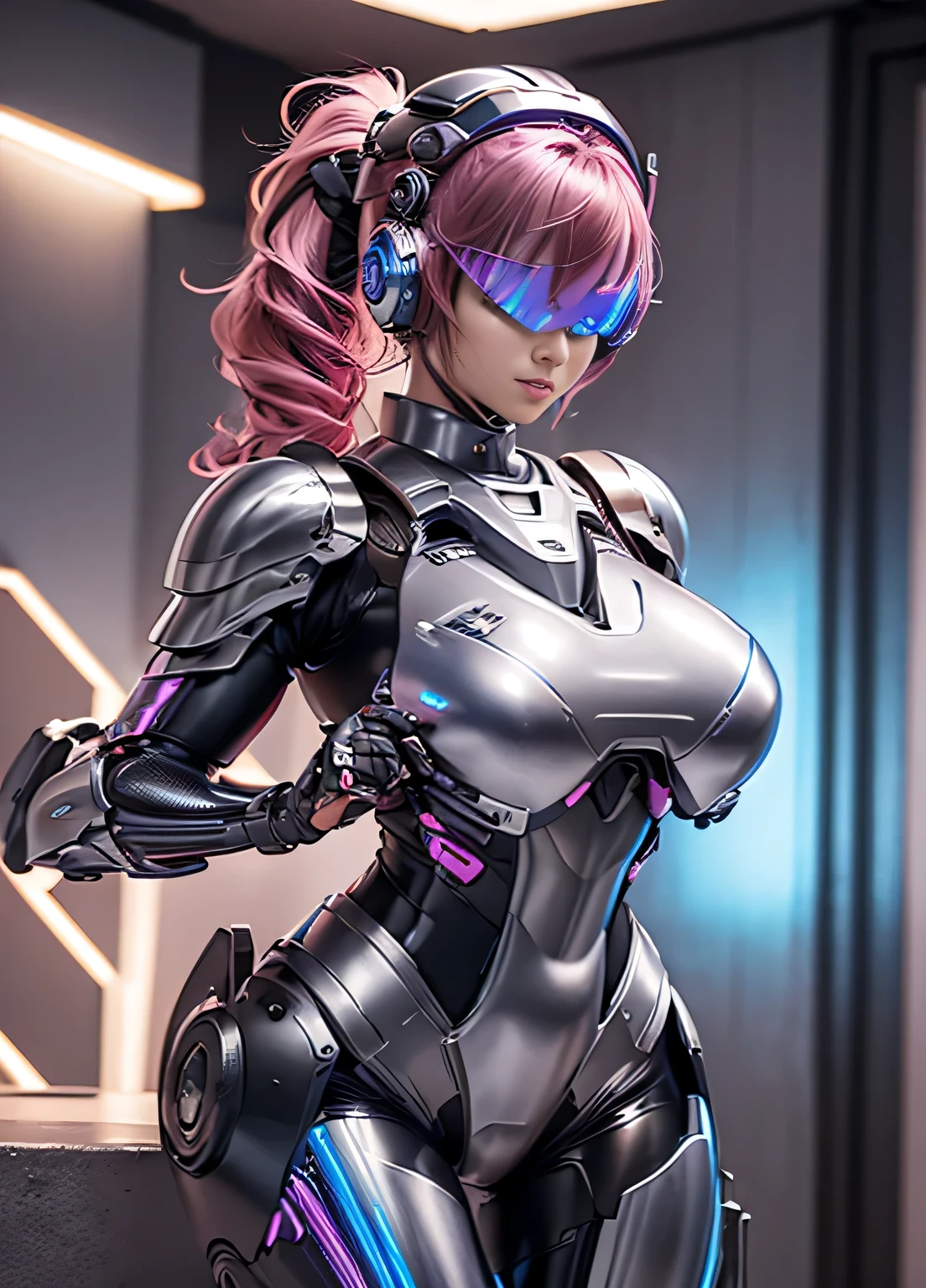 female robocop solo、Armor that completely covers the whole body、very large armor、Helmet to hide your eyes、Rainbow Armor、Armor that completely covers the chest、thin and long legs、Vibrant Posel Body View、big and full :1.5, (Moving body:1.5), Arafe woman solo with ponytail hair
