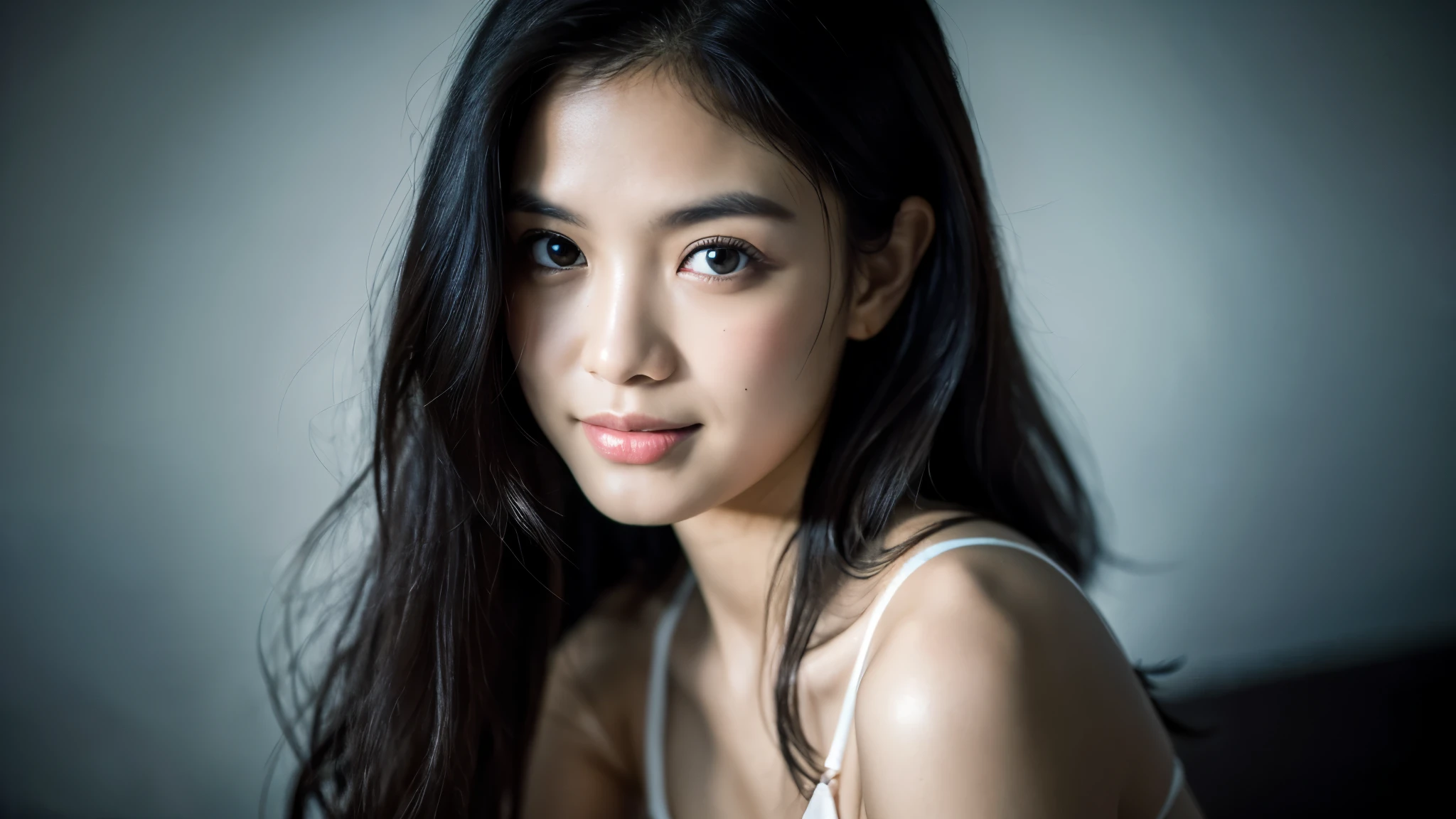 highest quality, epic realistic, ((in the pitch black darkness :1.4)), ((portrait:1.5)),(background: dark ) high contrast ,glorious picture, lowest lux, lighting face, she's comfortable, wearing white bikini, looks incredible, (8k, Raw photo, Highest quality),(epic realistic:1.5), a woman, face,(detailed eyes:0.8),(looking at the camera:1.4), (Highest quality), ( high contrast, deep shadows),Intricate details,cinematic,((skin:1.4)), (long dark hair:1.3), long hair, messy ,(Hdr:1.5),Detailed, colors, Superior quality, Masterpiece, Raw Photo (20-year-old, looking at viewer), beautiful, (wearing underwear,), perfect, natural, perfect composition, portrait, perfect face, smiling expression, Captivating eyes, Bright details, Tight lips, (High Skin Detail),, (blue tint: 0.6), (sale: 0.8), (bloody: 0.7), Key lighting , (backlight: 0.5), Medium depth of field, Canon 5d, 50mm lens, f/4 apertures, (Ultra-detailed, Complex detail), sharp focus, soft colors, 8k, Absurd, 80mm, dark background, photography, smiling, pinay, filipina, medium boobs, wearing white bikini