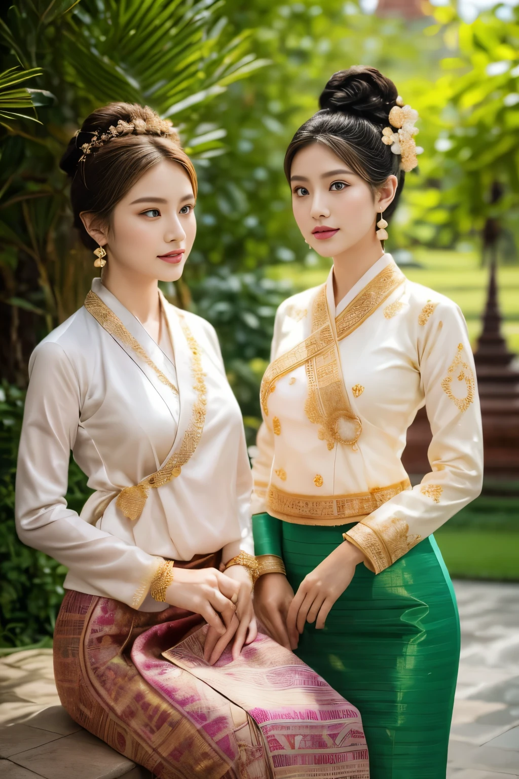 two beautiful young women of Tai Khun descent, adorned in a meticulously crafted Keng Tong Tai Khun traditional outfit, stands gracefully against the backdrop of the majestic Bagan temples. Their attire shimmers with intricate embroidery and gold accents, each element carefully chosen to reflect the rich cultural heritage of her people.
Details:
Facial features: The women's faces are radiant and youthful, with delicate features and captivating eyes that sparkle with warmth and intelligence. Her hair is styled in a messy bun adorned with fresh flowers and secured with a gold pin, adding a touch of elegance and whimsy.
Traditional outfit: The Keng Tong Tai Khun outfit is a top tank style masterpiece of craftsmanship, featuring vibrant silks, intricate embroidery, and delicate gold embellishments. The long, flowing skirt cascades gracefully around her legs, while the fitted bodice accentuates her slender figure. A traditional headdress adds a regal touch to her ensemble.
Accessories: The women's beauty are further enhanced by a dazzling array of traditional jewelry. Bangle bracelets encircle her wrists, a statement necklace adorns their neck, and delicate earrings dangle from her ears. Each piece is intricately crafted and adds a touch of luxury to her overall look.
Bagan temples background: The ancient Bagan temples provide a breathtaking backdrop for the portrait. Their weathered brickwork and towering spires add a touch of grandeur and mystery to the scene. The warm hues of the sunrise or sunset bathe the temples in a golden glow, creating a truly magical atmosphere.