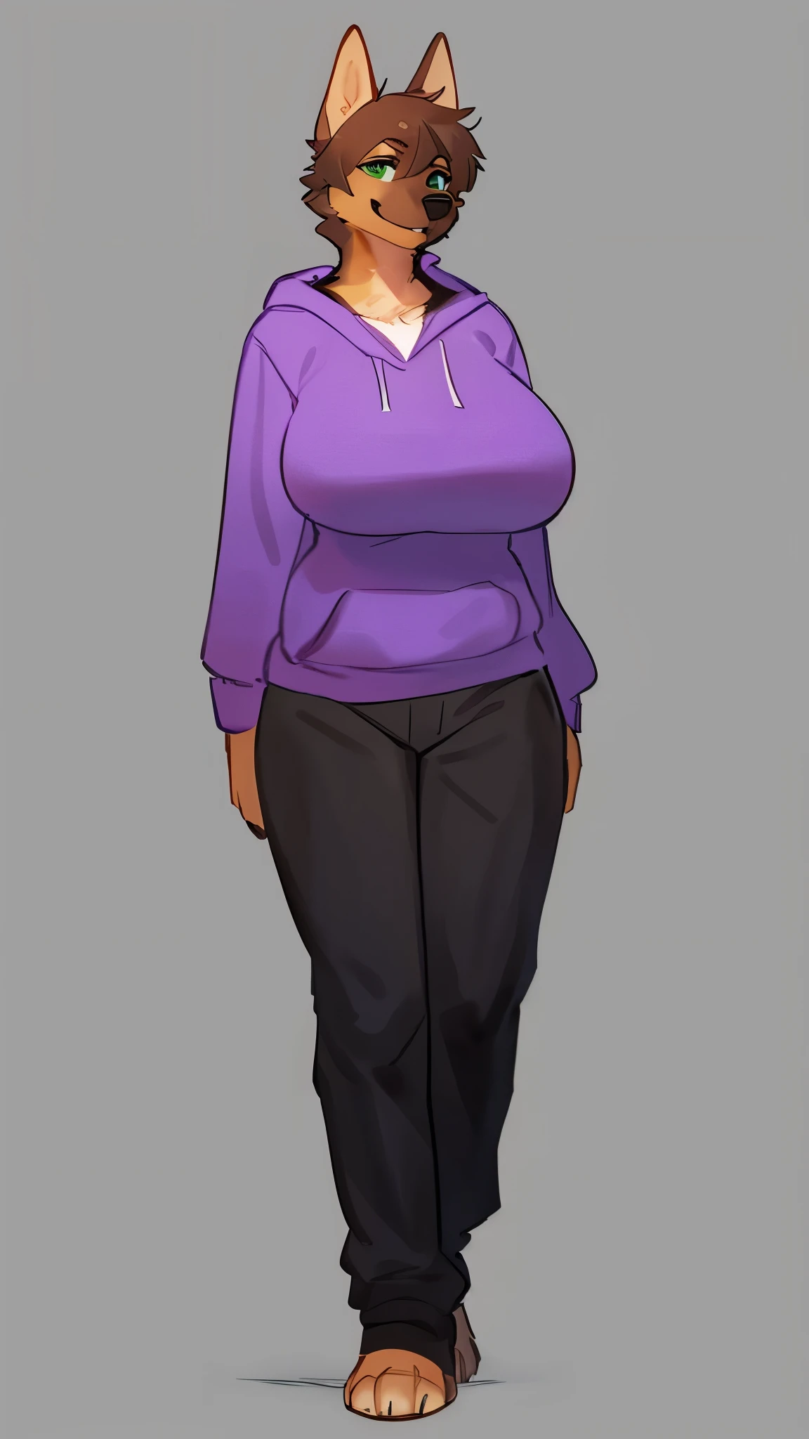 By bebebebebe, by lostgoose, by goonie-san, solo, female, german shepherd, green eyes, short brown hair, big breasts, smirking, purple hoodie, black pants, standing