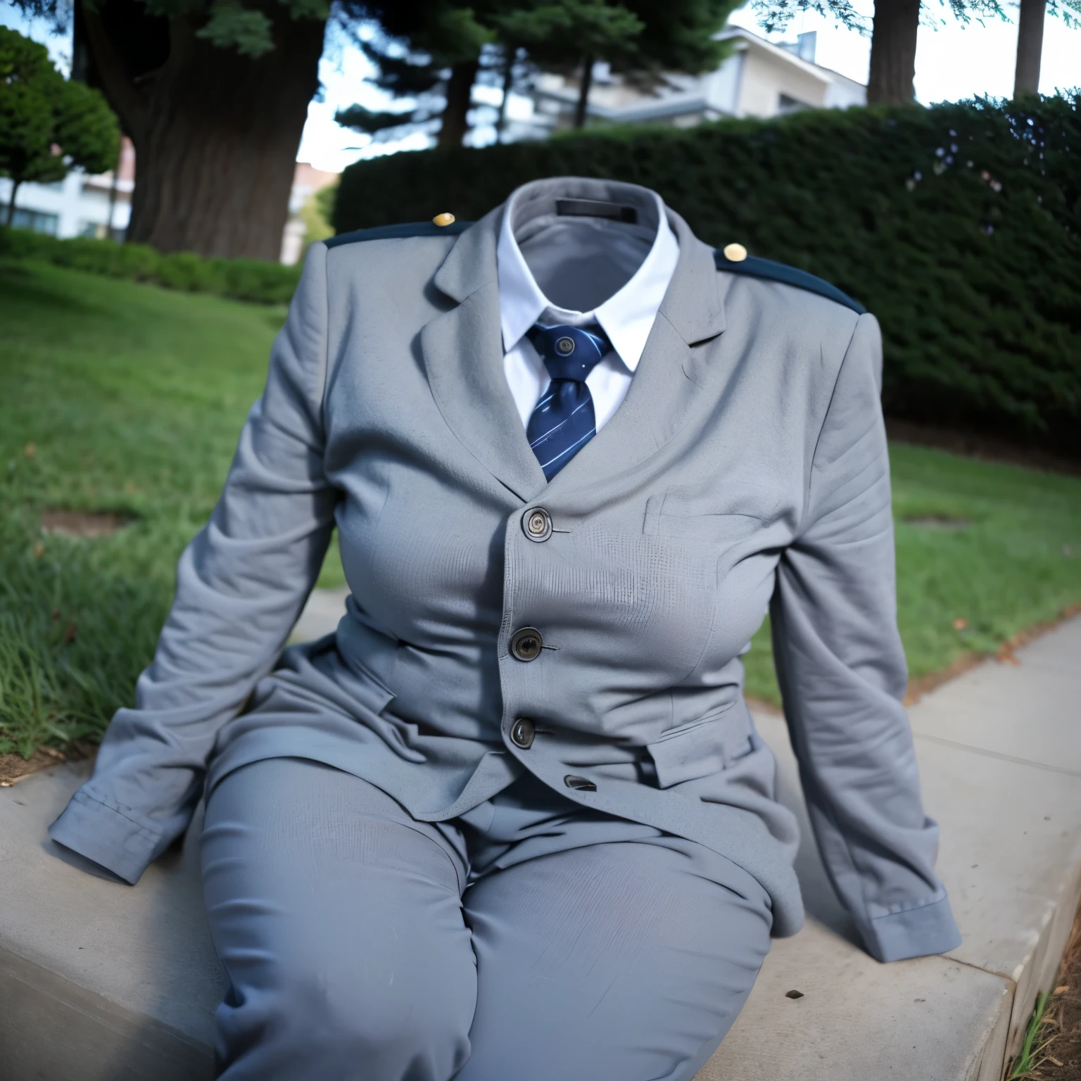(school uniform), park, cute pose, (invisible, no humans, headless, faceless:1.5), (close-up to breasts), cute big breasts, chubby, fat, plaid skirt, blue stripe tie, long sleeve, sitting in the air, sweat pants