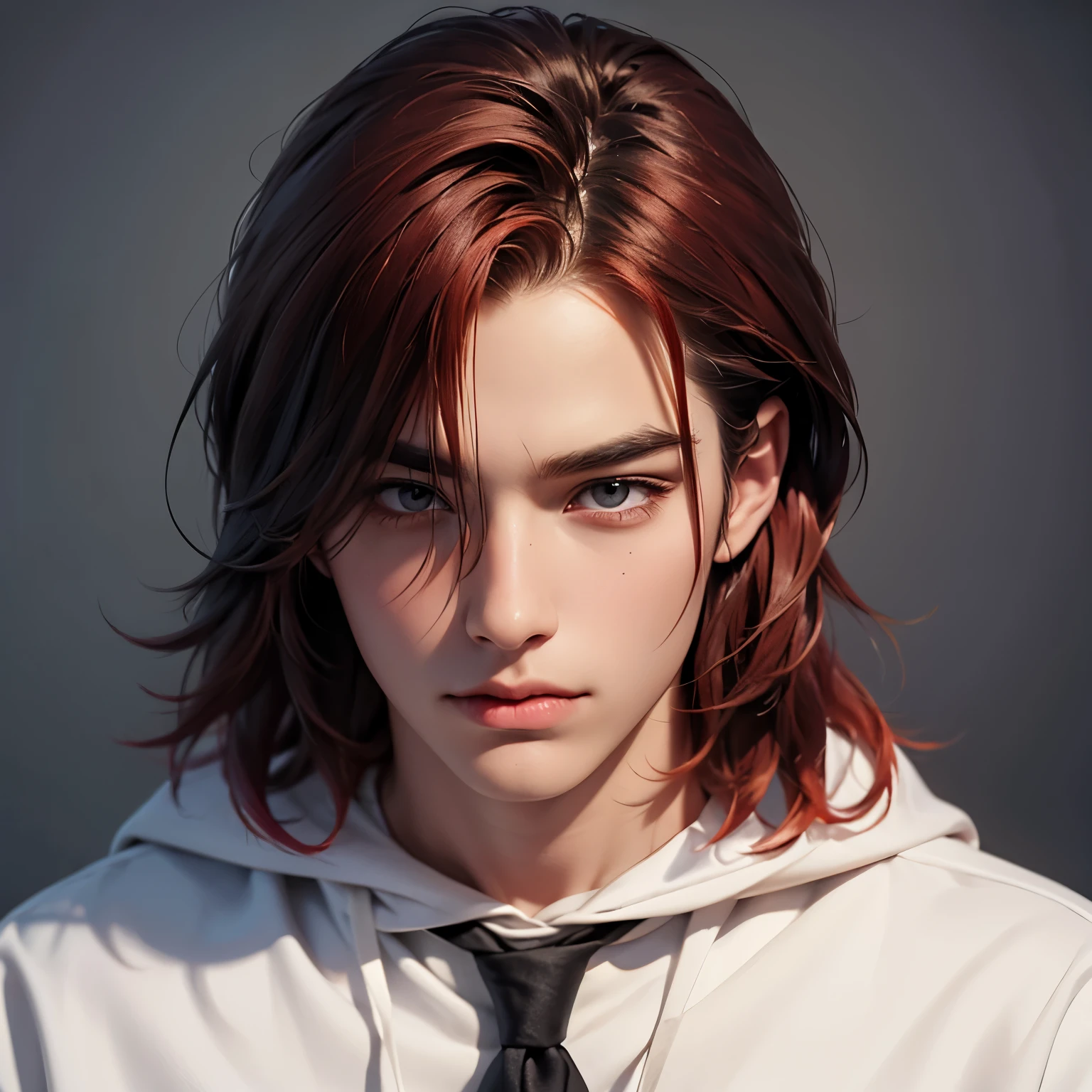 Black eyes, Hooded eyes, Medium Long hair, red hair, Straight hair, using school uniform for a senior boy, in the school, normal face, bright color.