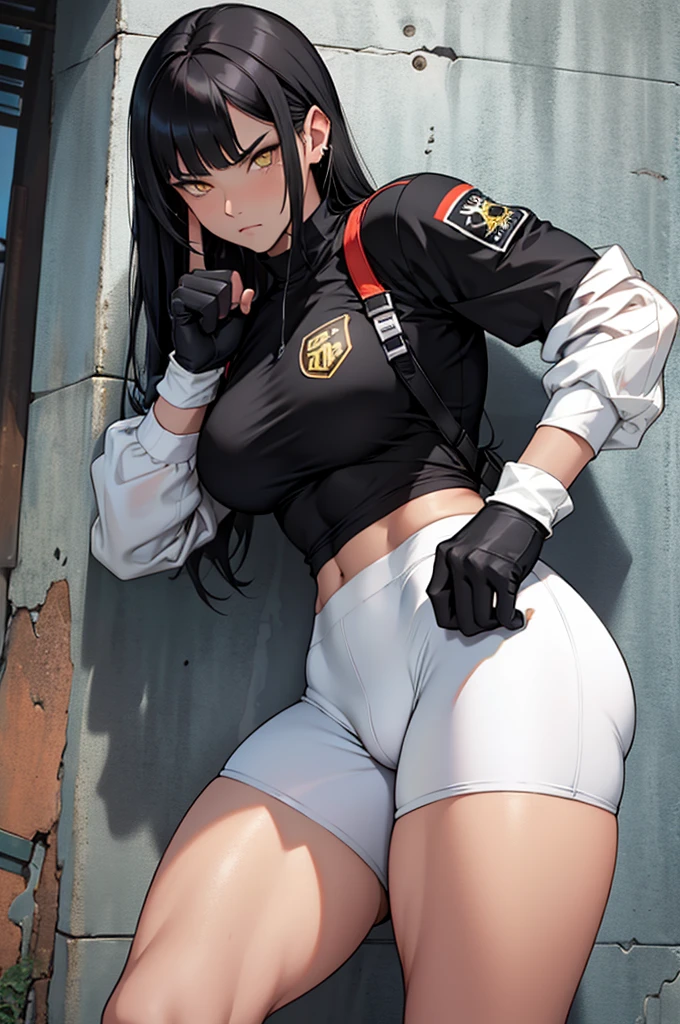 short legging white, short legging white, meia calça preta,1girl muscular pale skin black hair yellow eyes black against wall sad sad sad sad tight short leggings white thick thick thick thick muscular muscular muscular muscular muscular girl dark dark, meias calça marrom, coxas sexy, belos olhos, meia calça preta, meia calça marrom , , best quality, highres, solo, black hair, , black gloves, bike_shorts, bangs, white shirt, badge, medium breasts, cowboy shot white , frown, , leaning forward, pointing at viewer