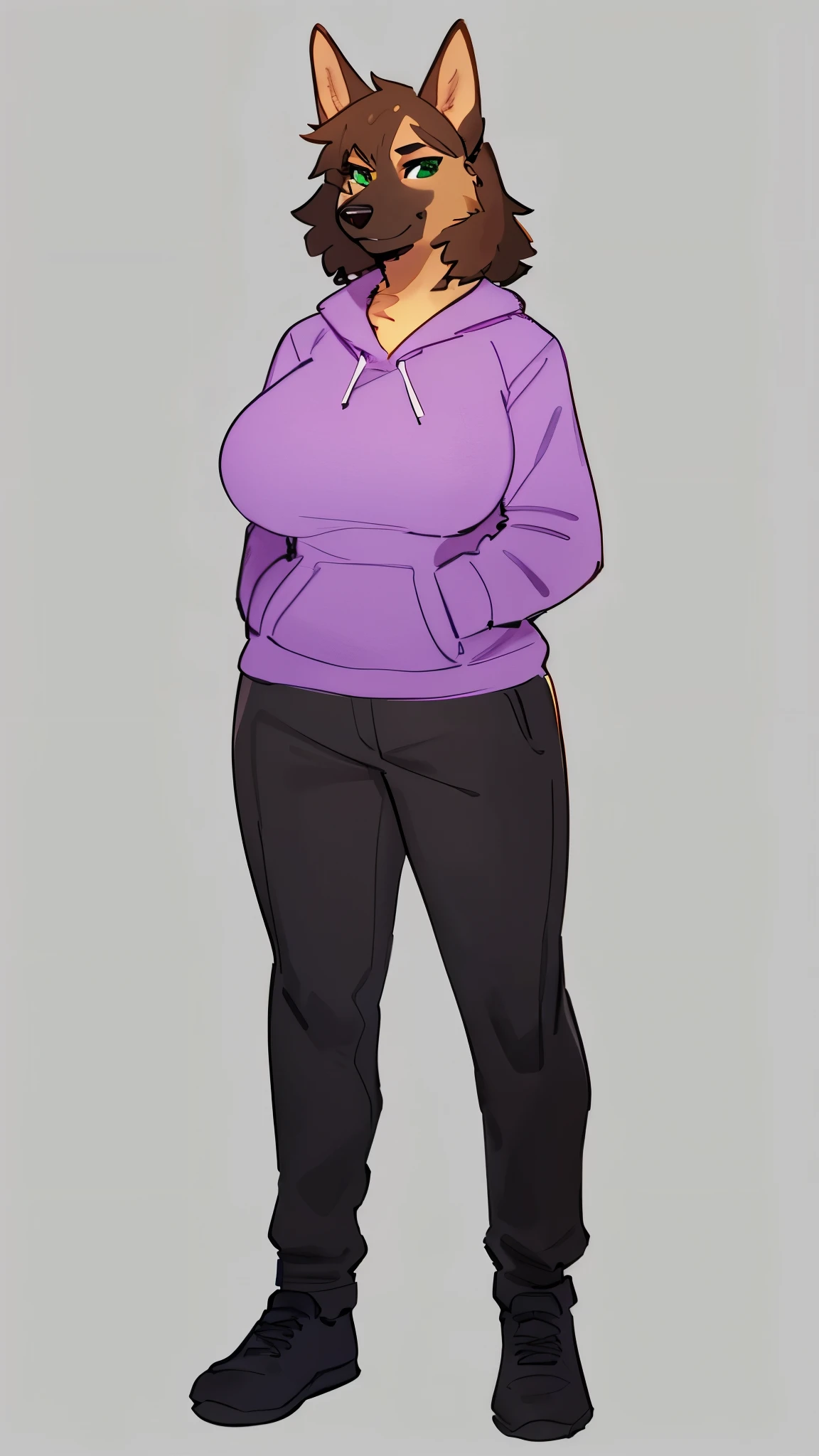 By bebebebebe, by lostgoose, by goonie-san, solo, female, german shepherd, green eyes, short brown hair, big breasts, smirking, purple hoodie, black pants, standing