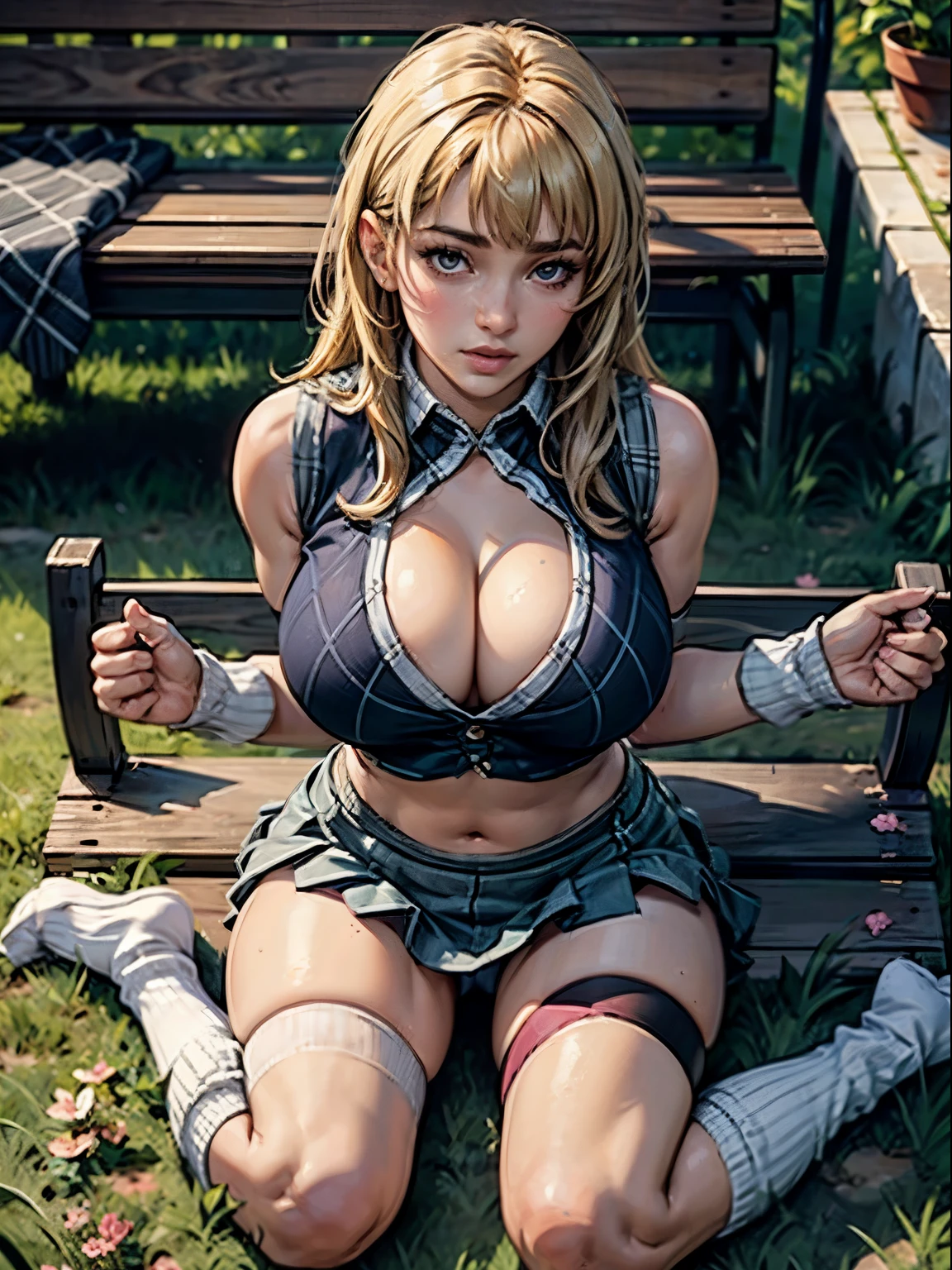 (masterpiece, best quality, 4k), 1girl, solo, long hair, blonde hair, large breasts, argyle crop top, argyle vest, cleavage, miniskirt, outdoor, blunt bangs, white leg warmers, , bench, sakura, dating, sunlight, beautiful girl, semi realistic, from above, ray tracing, caustics, thick thighs, wide hips, pink argyle, baggy socks