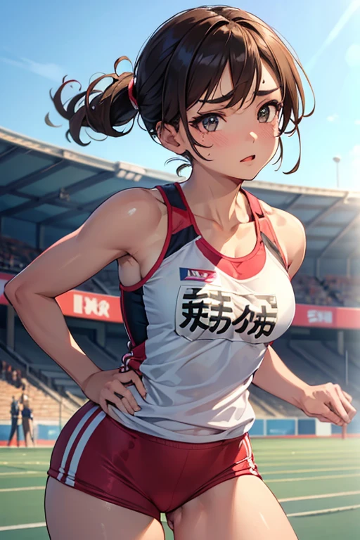 1 Beautiful ,dynamic angle,girl track and field athlete,small head,big breasts,meaty, at track and field ,(detailed beautiful face:1.4),detailed skin、show one&#39;s side、
