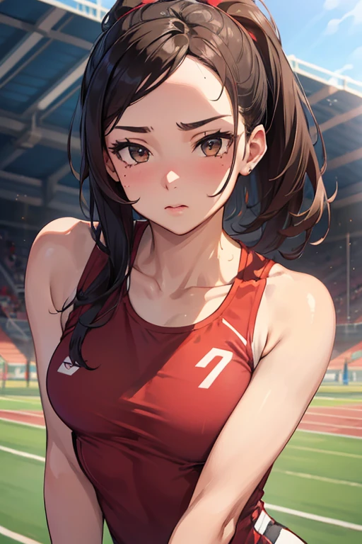 1 Beautiful ,dynamic angle,girl track and field athlete,small head,big breasts,meaty, at track and field ,(detailed beautiful face:1.4),detailed skin、show one&#39;s side、