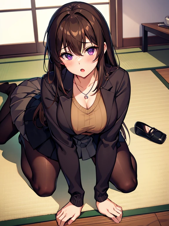 (((highest quality))), (crawl on all fours), 1 girl, brown hair, sweater, Jacket, purple eyes, long hair, Default Skin, skirt, pantyhose, Japanese, necklace, sitting, huge breasts, thick thighs, adult woman, sexy woman, blush, open your mouth, Half close your eyes, erotic woman, 