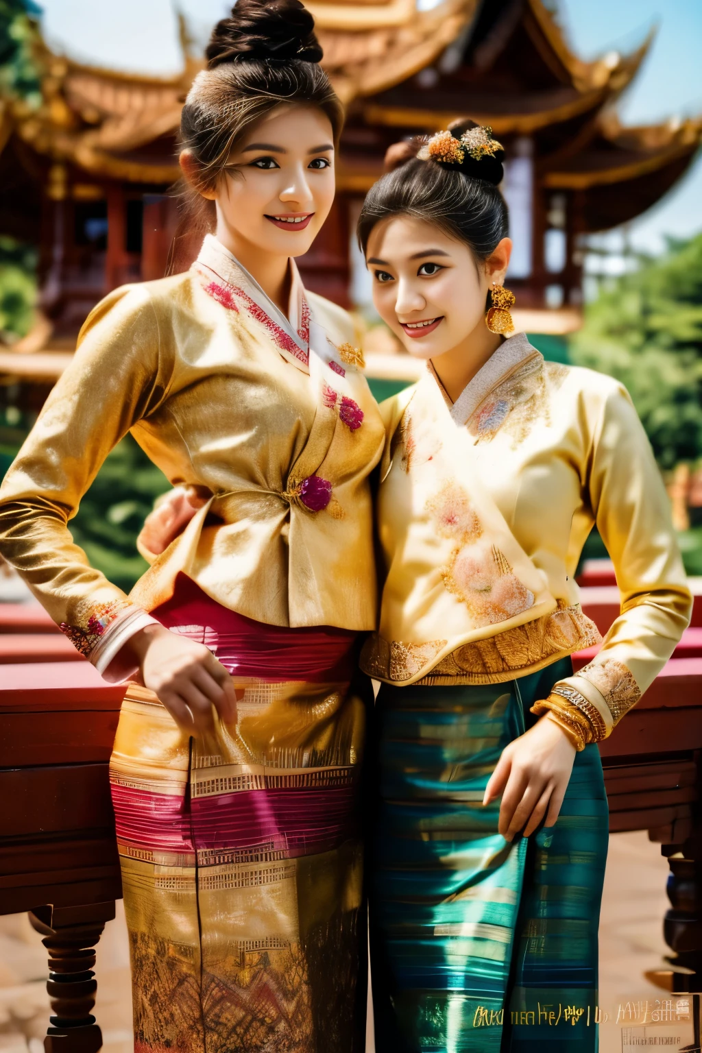 two beautiful young women of Tai Khun descent, adorned in a meticulously crafted Keng Tong Tai Khun traditional outfit, stands gracefully against the backdrop of the majestic Bagan temples. Their attire shimmers with intricate embroidery and gold accents, each element carefully chosen to reflect the rich cultural heritage of her people.
Details:
Facial features: The women's faces are radiant and youthful, with delicate features and captivating eyes that sparkle with warmth and intelligence. Her hair is styled in a messy bun adorned with fresh flowers and secured with a gold pin, adding a touch of elegance and whimsy.
Traditional outfit: The Keng Tong Tai Khun outfit is a top tank style masterpiece of craftsmanship, featuring vibrant silks, intricate embroidery, and delicate gold embellishments. The long, flowing skirt cascades gracefully around her legs, while the fitted bodice accentuates her slender figure. A traditional headdress adds a regal touch to her ensemble.
Accessories: The women's beauty are further enhanced by a dazzling array of traditional jewelry. Bangle bracelets encircle her wrists, a statement necklace adorns their neck, and delicate earrings dangle from her ears. Each piece is intricately crafted and adds a touch of luxury to her overall look.
Bagan temples background: The ancient Bagan temples provide a breathtaking backdrop for the portrait. Their weathered brickwork and towering spires add a touch of grandeur and mystery to the scene. The warm hues of the sunrise or sunset bathe the temples in a golden glow, creating a truly magical atmosphere.
