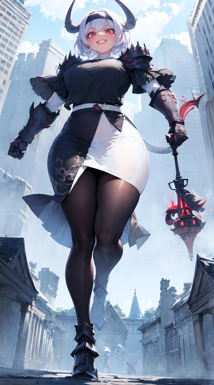 nun, demon girl, walking, , warpriesstes, silver hair, short hair, sacred gauntlets, long ski, cute smile, pure smile, love smile,,veillong skirt, pantyhose, staff holding, armor, gloves, standing, full body,sharpteeth,standing, full body, happy, joyfull
