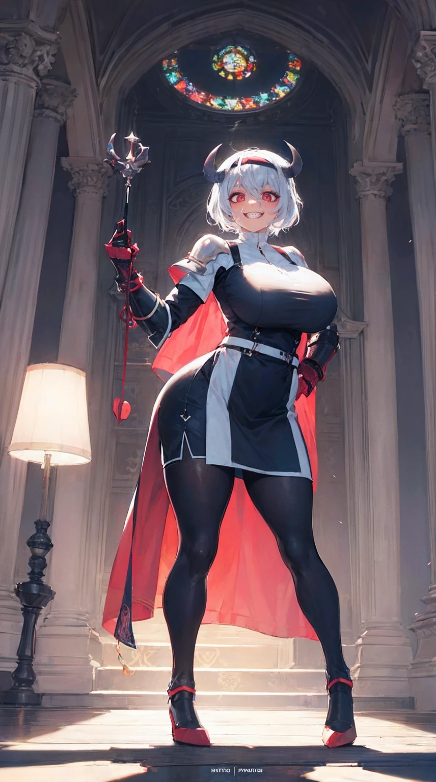 nun, demon girl, walking, , warpriesstes, silver hair, short hair, sacred gauntlets, long ski, cute smile, pure smile, love smile,,veillong skirt, pantyhose, staff holding, armor, gloves, standing, full body,sharpteeth,standing, full body, happy, joyfull
