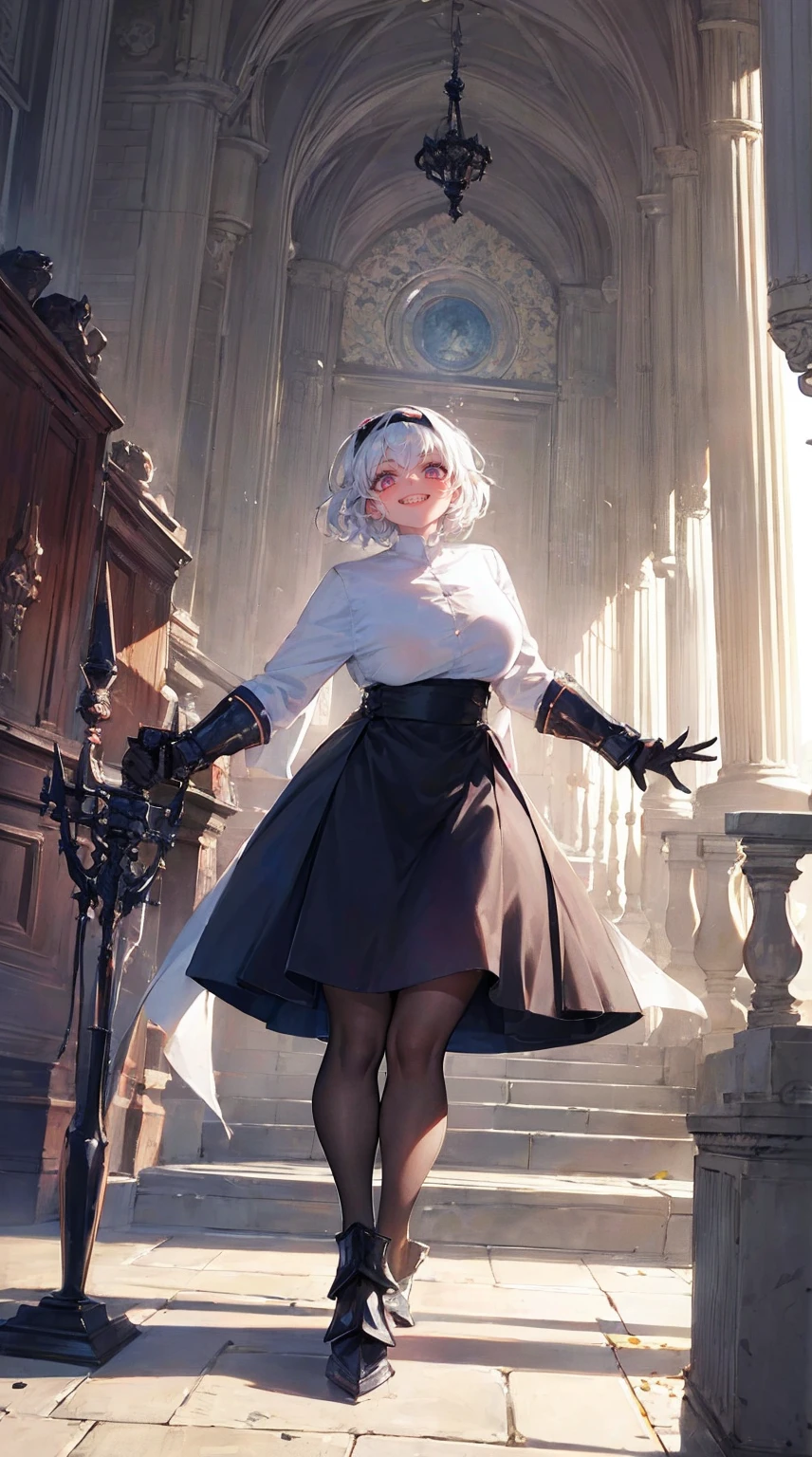 nun, demon girl, walking, , warpriesstes, silver hair, short hair, sacred gauntlets, long ski, cute smile, pure smile, love smile,,veillong skirt, pantyhose, staff holding, armor, gloves, standing, full body,sharpteeth,standing, full body, happy, joyfull
