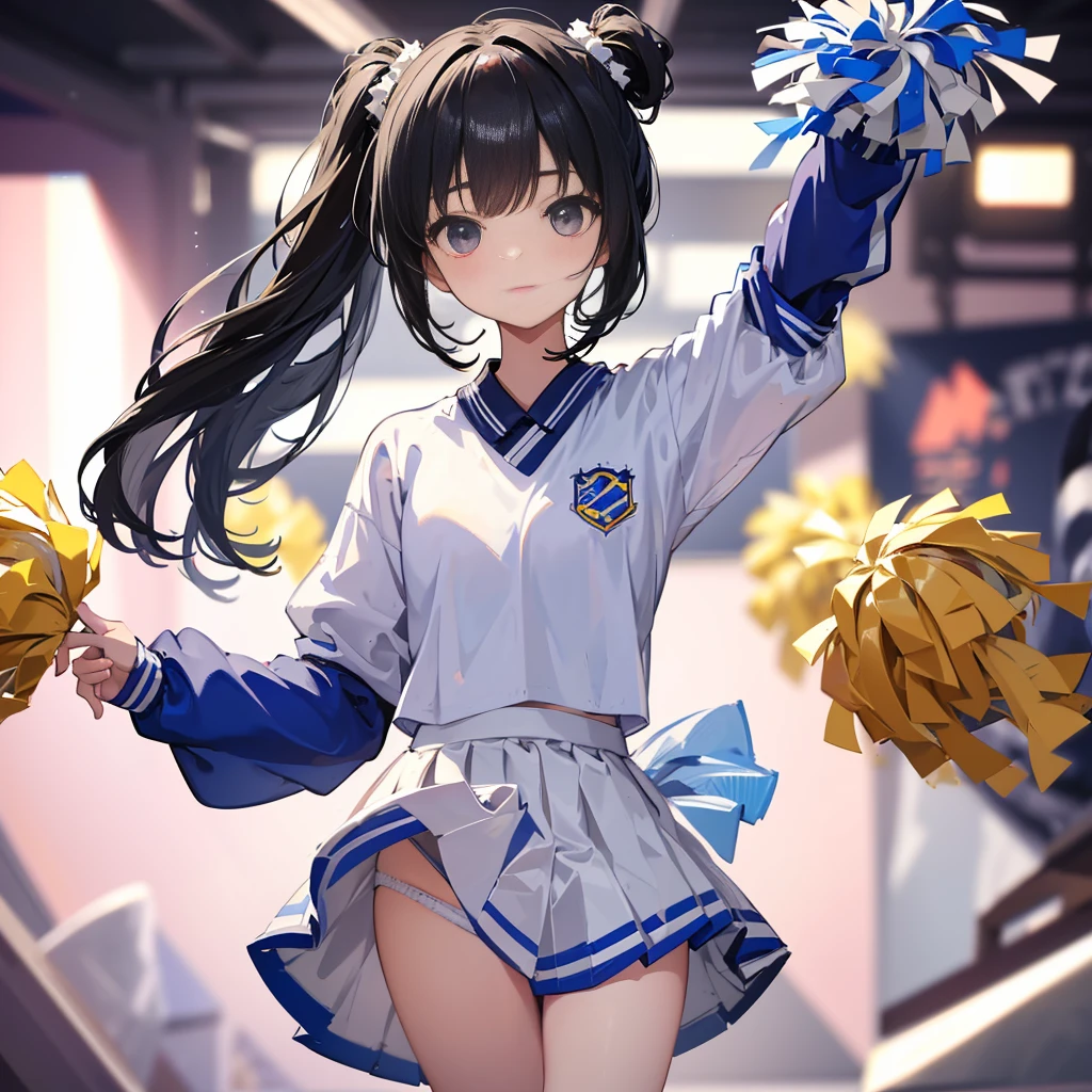 Cheerleader,small smile,cheer leading,Cheerleader uniform, (((masterpiece))), (((highest quality))), ((super detailed)), (figure), ((very delicate and beautiful)),(Bokeh,blurred background),(best shadow), 1 girl,white panties, black hair, long hair, cute,cute,change, Shine Highlight spots above the eyes, character focus,head tilt,