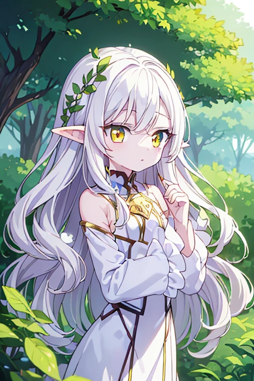 ((best quality)), ((masterpiece)), (detailed), perfect face, perfect hands, anime style, ((1boy)), half-elf ears, fairy, pale skin, soft skin, ((golden eyes)), ((white pale hair)), long wavy hair, beautiful, slender body, white fantasy clothes, green forest background