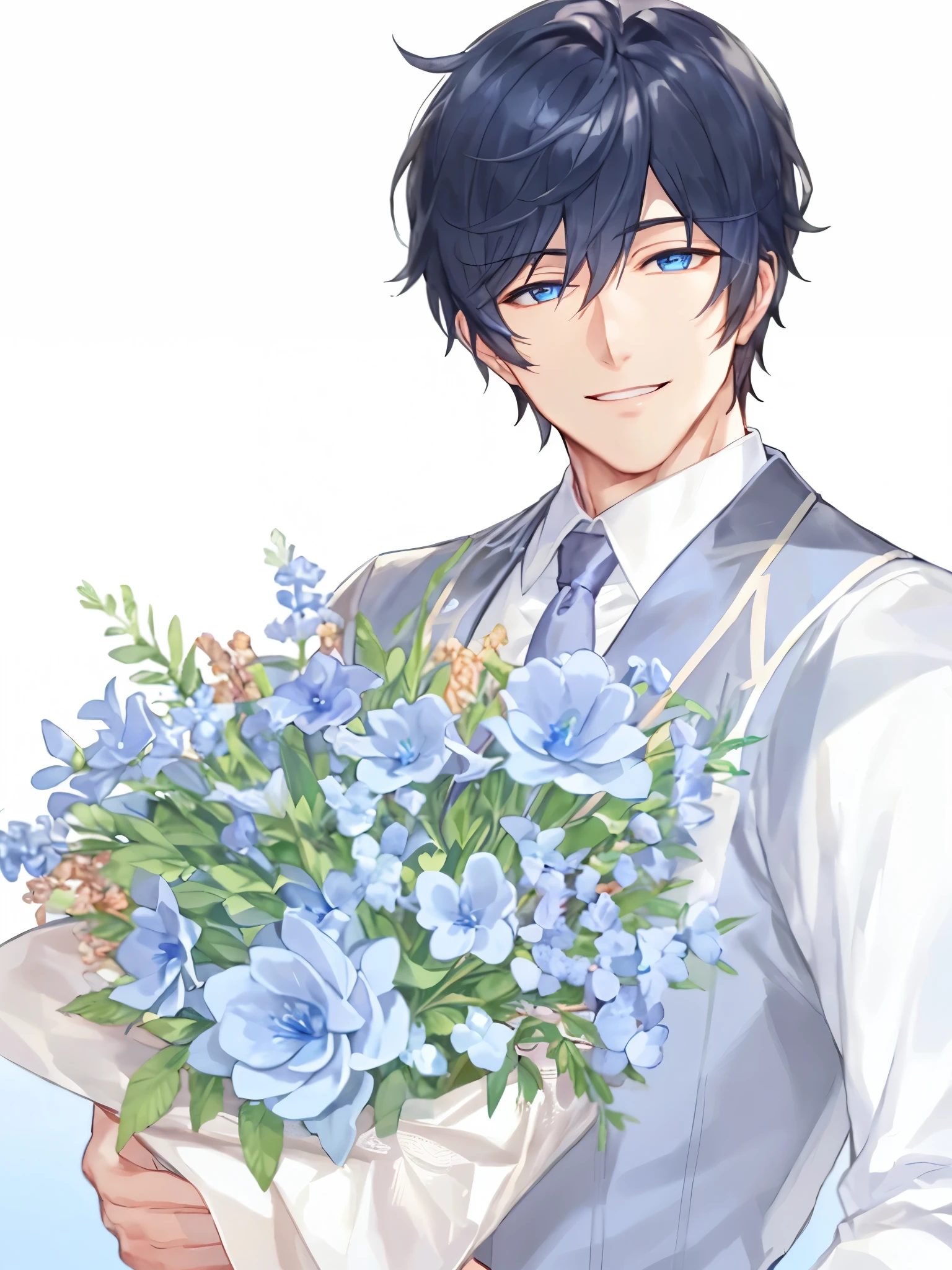 cool handsome guy、blue eyes、Bouquet in the hands、smile a little、Highly Detailed CG Unity 8K Wallpaper, (super masterpiece, It's photorealistic, hyper realistic)、