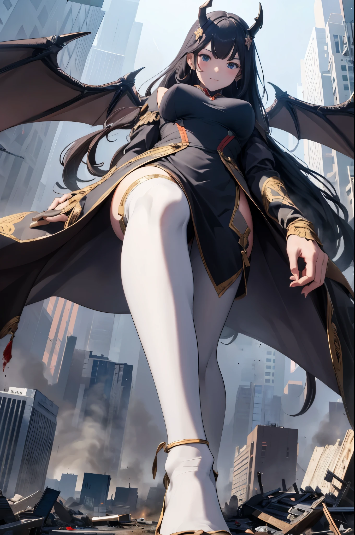 Aerial View,giant girl 50,000 feet high,Have a pair of long legs,Possessing a pair of huge demon wings,With huge devil horns on his head,Has white waist-length hair,loose hair,Wearing a pair of Mary Jane heels,white wavy hair,lace gloves,lace pantyhose,蕾丝whole body,pantyhose soles,pantyhose toes,Standing upright above a destroyed city,城市到处是blood stains,Beautiful appearance,Exquisite makeup,quality,8k,高quality,(governor:1.5),Perfect proportion, Cinema lighting,film grain,Fuji colors,8k,textured skin,Super details,high detail,high resolution,explode,fake smile,blood stains,脚底有blood stains,whole body,Fat stature