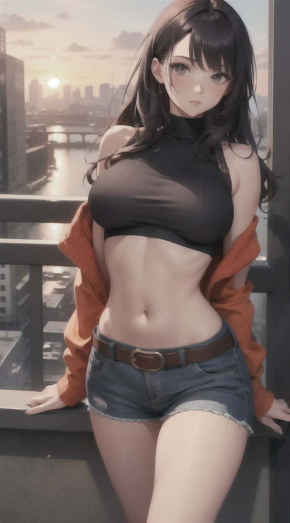 (masterpiece), high-definition, vibrant colors, girl, big boobs, big hips, pouty lips, messy dark purple hair, orange eyes, crop top sweater, shorts, belt, thong, balcony, leaning on the railing, sunset