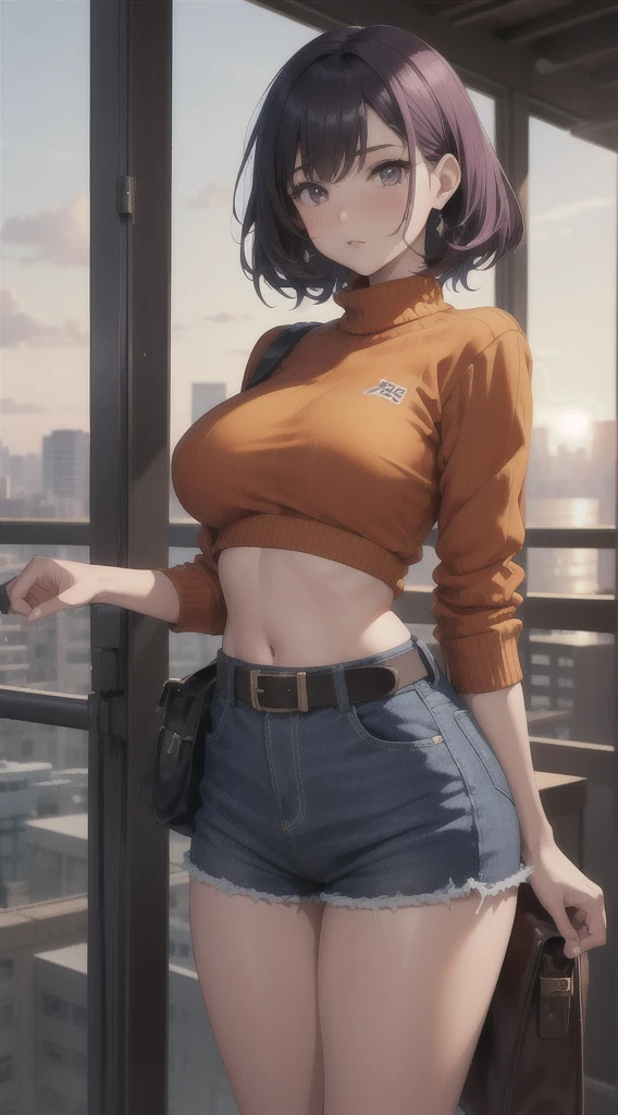 (masterpiece), high-definition, vibrant colors, girl, big boobs, big hips, pouty lips, messy dark purple hair, orange eyes, crop top sweater, shorts, belt, thong, balcony, leaning on the railing, sunset