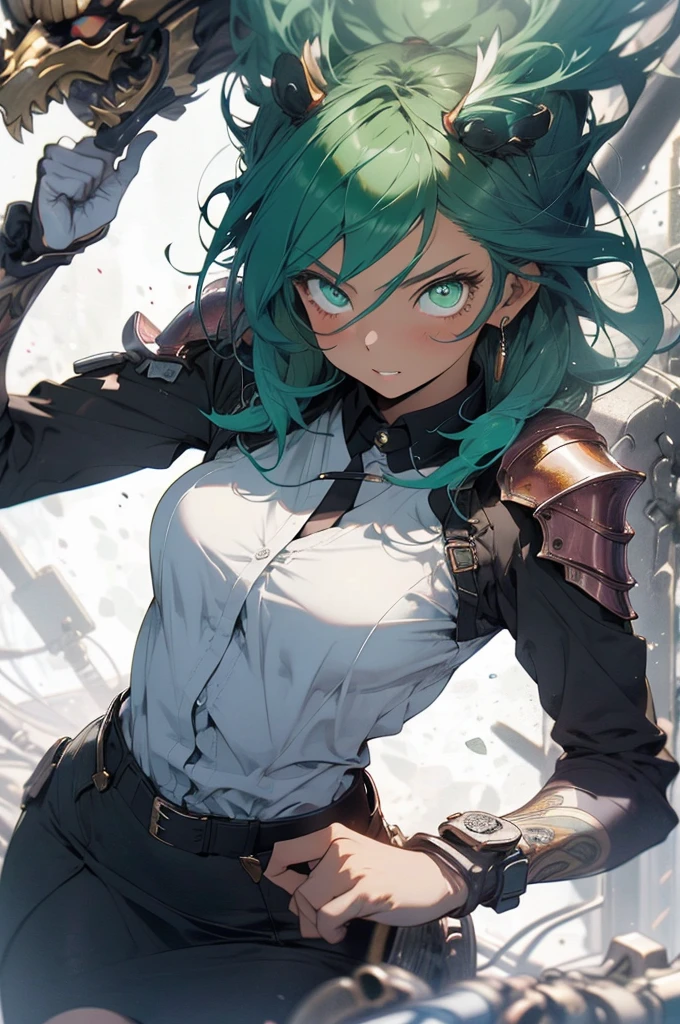 be realistic,(masterpiece,highest quality,highest quality,very detailed,fractal art,most detailed,(abstract background:1.5)(1 girl),Kamimei,(hair length),(Chest with shining green eyes,stunned),crystallization,sexy,machine armor,tanned skin、Blake、(office wear blazer、white cutter shirt、black pencil skirt、pumps)