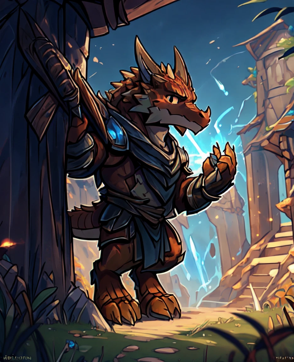 the Kobold, has sleek reddish-brown scales covering his diminutive frame. His eyes gleam with an intense shade of amber, reflecting both determination and the spark of his newfound paladin oath. Despite his small stature, he bears a few facial scars, earned through encounters with underground creatures in his quest to protect the deep gnome family.