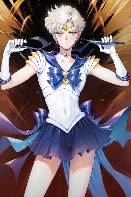 sailor uranus、VPL, vpl、bulge, He looks both male and female.、 I can't tell if it's male or female、flat chest, battle formation, One man、 adult male、 sailor senshi uniform sailor collar chest bow back bow plead skirt white elbow gloves