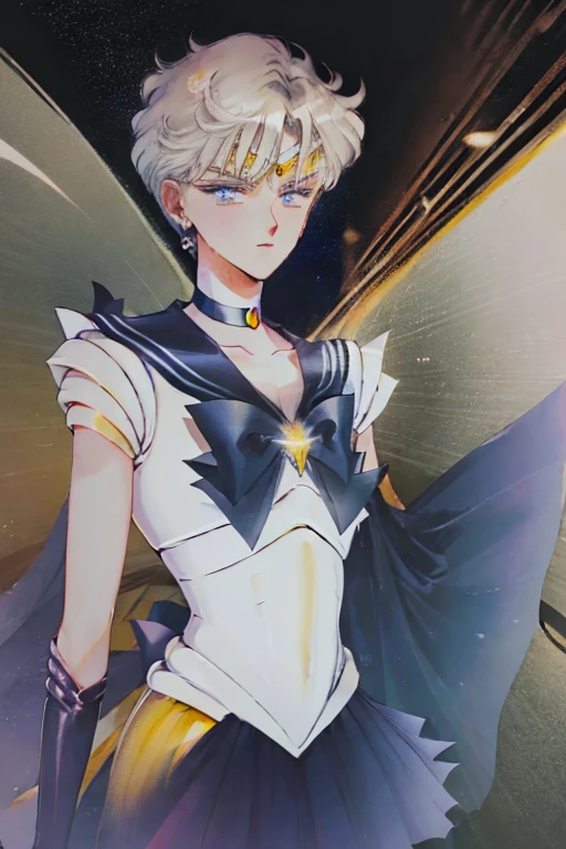 sailor uranus、VPL, vpl、bulge, He looks both male and female.、 I can't tell if it's male or female、flat chest, battle formation, One man、 adult male、 sailor senshi uniform sailor collar chest bow back bow plead skirt white elbow gloves