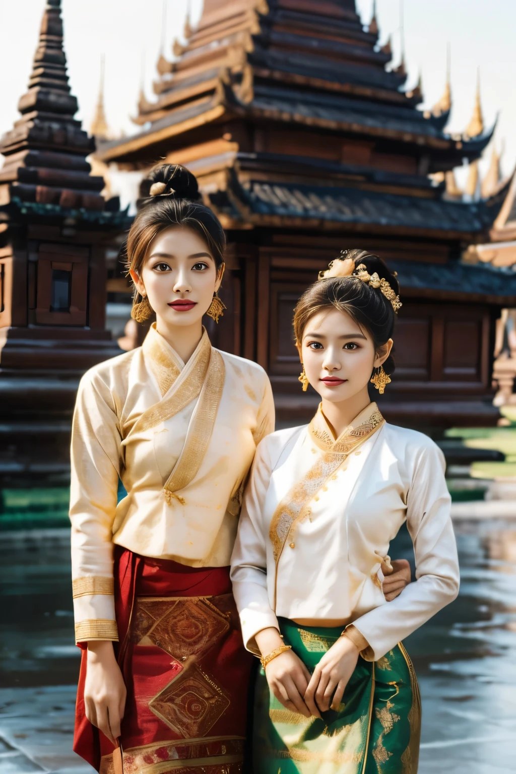 two beautiful young women of Tai Khun descent, adorned in a meticulously crafted Keng Tong Tai Khun traditional outfit, stands gracefully against the backdrop of the majestic Bagan temples. Their attire shimmers with intricate embroidery and gold accents, each element carefully chosen to reflect the rich cultural heritage of her people.

Details:

Facial features: The women's faces are radiant and youthful, with delicate features and captivating eyes that sparkle with warmth and intelligence. Her hair is styled in a messy bun adorned with fresh flowers and secured with a gold pin, adding a touch of elegance and whimsy.
Traditional outfit: The Keng Tong Tai Khun outfit is a top tank style masterpiece of craftsmanship, featuring vibrant silks, intricate embroidery, and delicate gold embellishments. The long, flowing skirt cascades gracefully around her legs, while the fitted bodice accentuates her slender figure. A traditional headdress adds a regal touch to her ensemble.
Accessories: The women's beauty are further enhanced by a dazzling array of traditional jewelry. Bangle bracelets encircle her wrists, a statement necklace adorns their neck, and delicate earrings dangle from her ears. Each piece is intricately crafted and adds a touch of luxury to her overall look.
Bagan temples background: The ancient Bagan temples provide a breathtaking backdrop for the portrait. Their weathered brickwork and towering spires add a touch of grandeur and mystery to the scene. The warm hues of the sunrise or sunset bathe the temples in a golden glow, creating a truly magical atmosphere.