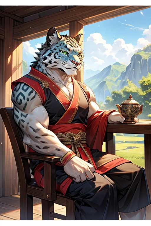 Orc male general snow leopard white fur green eyes tang dynasty male costume leisurely author wooden chair drinking tea