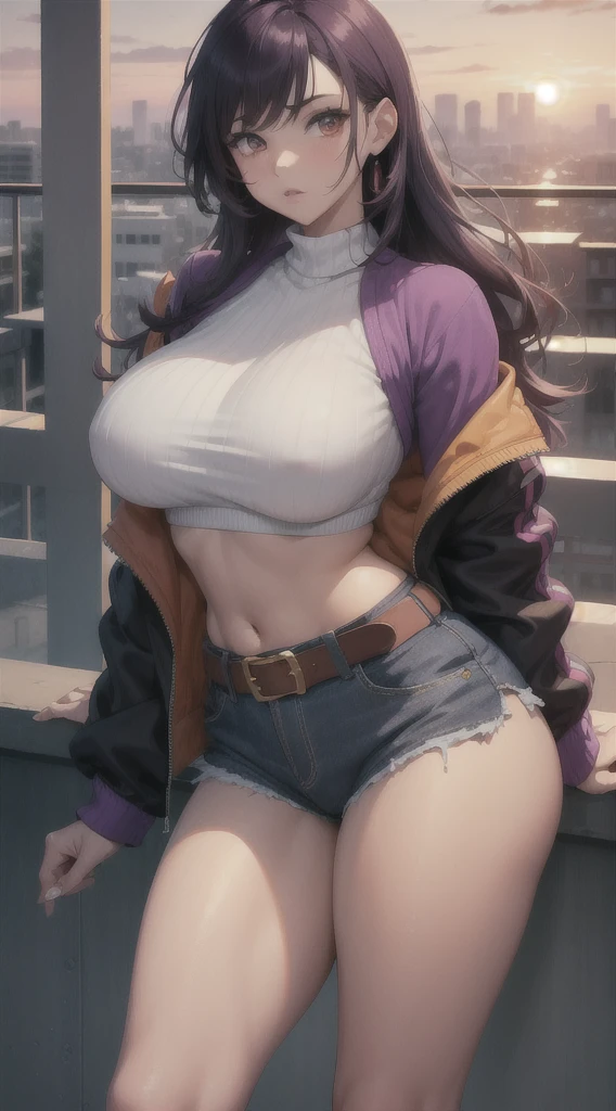 (masterpiece), high-definition, vibrant colors, girl, big boobs, big hips, pouty lips, messy dark purple hair, orange eyes, crop top sweater, jacket, shorts, belt, thong, balcony, leaning on the railing, sunset