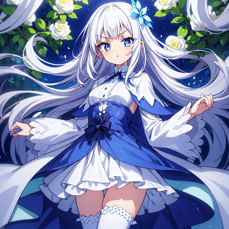 white hair, long hair, forked eyebrows, thighhighs, bangs, dress, long sleeves, small breasts,white flower, blue dress, sidelocks, cape, brown eyes