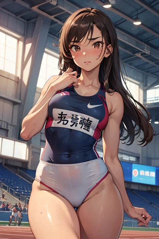 1 Beautiful ,dynamic angle,girl track and field athlete,small head,big breasts,meaty, at track and field ,(detailed beautiful face:1.4),detailed skin、Thigh emphasis