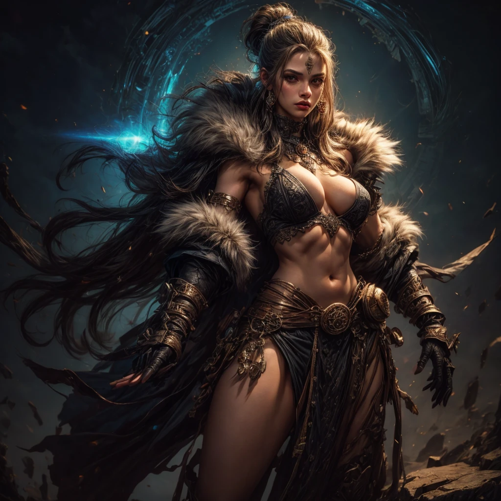 Barbarian female warrior, exposed, fur loincloth, fur top, revealing clothes, nsfw, sideboobs, aggresive look, defiant look,
