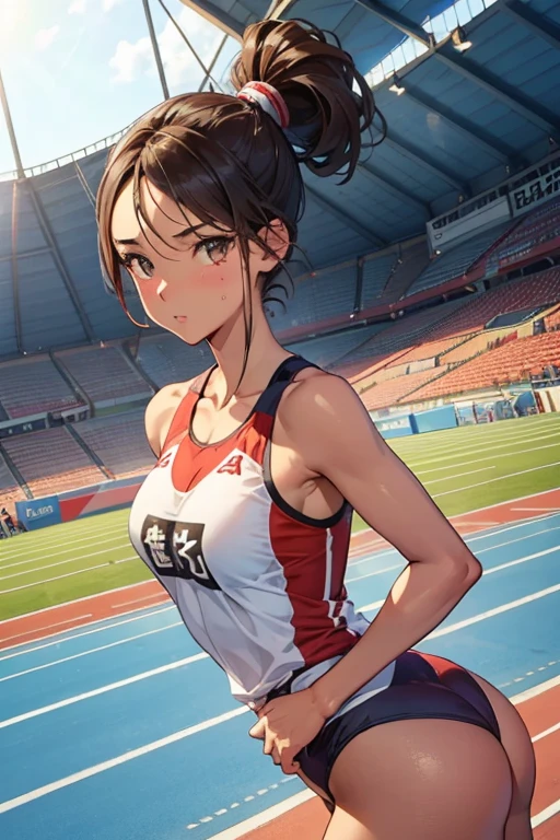 1 Beautiful ,dynamic angle,girl track and field athlete,small head,big breasts,meaty, at track and field ,(detailed beautiful face:1.4),detailed skin、buttocks emphasis