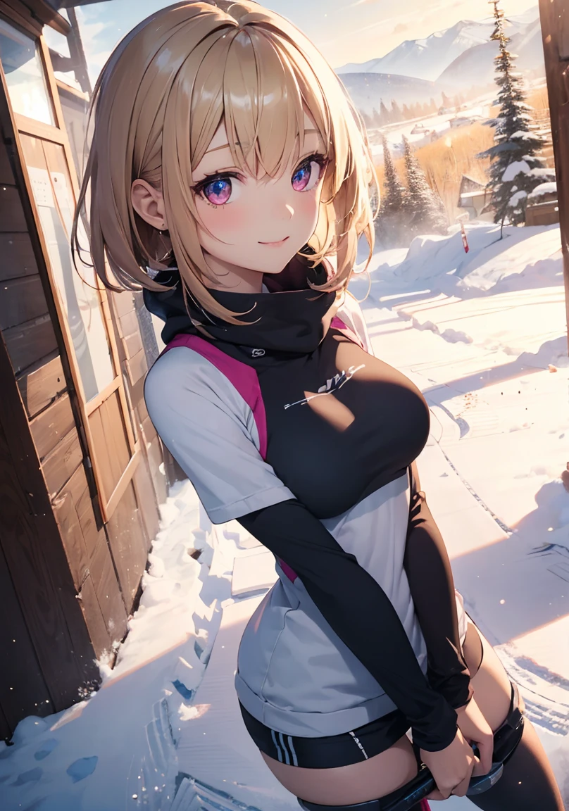 masterpiece, absurdres, best quality, ultra detailed, high Resolution, detailed illustration, extremely beautiful detailed face and eyes, bright colour, 1girl, (loli), cute face, Delicate beautiful face, magenta eyes, cute eyes, sparkling eyes, big eyes, medium breasts, (perky breasts:1.1), (pointy breasts:1.1), medium hips, glamorous body, white skin, Smile, BREAK, long bob cut, (blonde hair:0.8), messy hair, detailed hair, shiny hair, BREAK skiing wear, tiny ribbon, Ski resort, ski slope, winter, playing ski, real world, natural lights, perfect lighting,