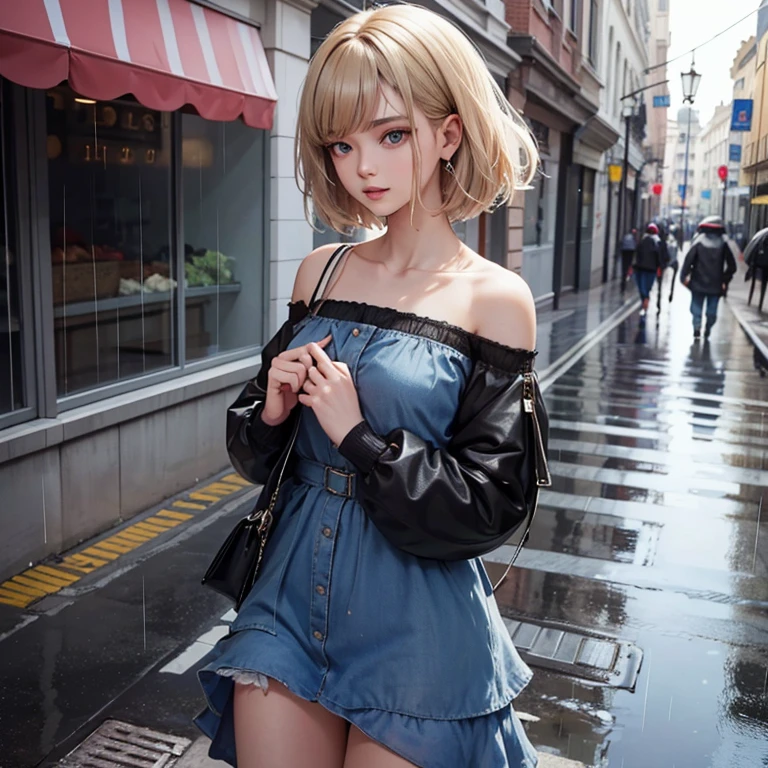 ((highest quality, 8K, masterpiece:1.3)), concentrated:1.2, perfect body beauty:1.4, buttocks:1.2, ((layered haircut, chest:1.2)), (wet clothes:1.1) , (rain, street:1.3), bandeau dress: 1.1, Highly detailed face and skin texture, fine eyes, double eyelid, whitened skin, long hair, (shut up: 1.3)